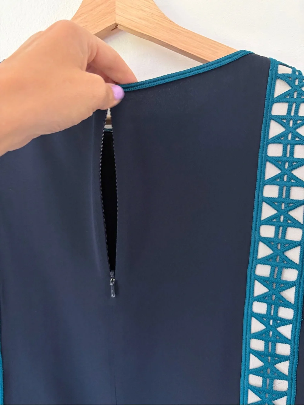 Tory Burch Germaine Boat Neck Embroidered Navy Blue & Teal Long Sleeve Silk Top